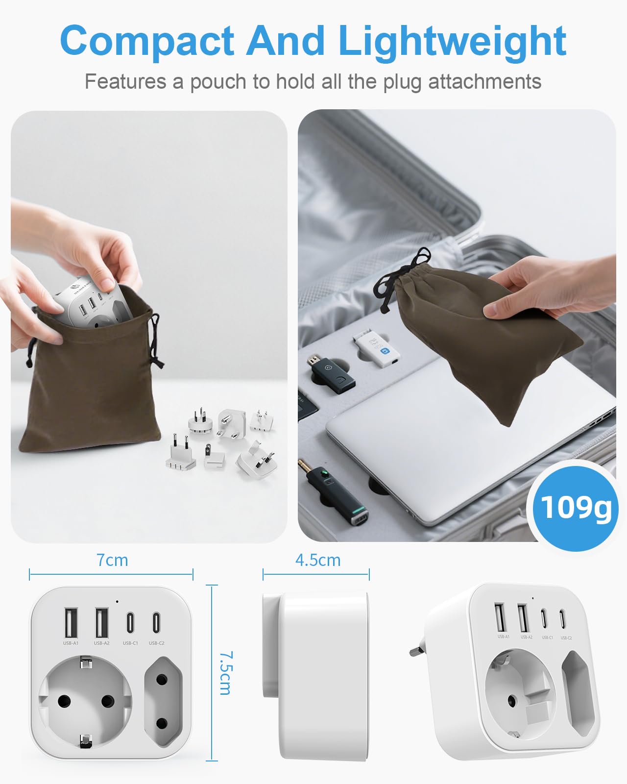 Adaptateur de Voyage Universel, Prise de Voyage Universelle avec 2 Ports USB A et 2 Ports USB C, 6 Adaptateurs Internationaux Amovibles pour USA, UK, EU, AUS, Japon,Afrique du Sud