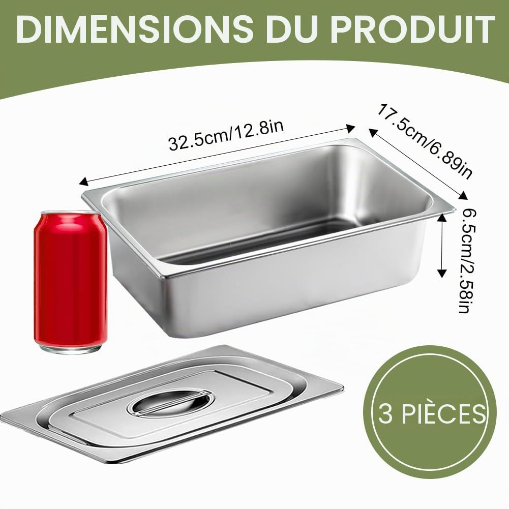 Lot de 3 bacs à pain GN avec couvercle, récipients gastronorm en acier inoxydable pour escalopes, récipients Gastro résistants à la chaleur, 32,5 x 17,5 x 6,5 cm (32,5 x 17,5 x 6,5 cm)