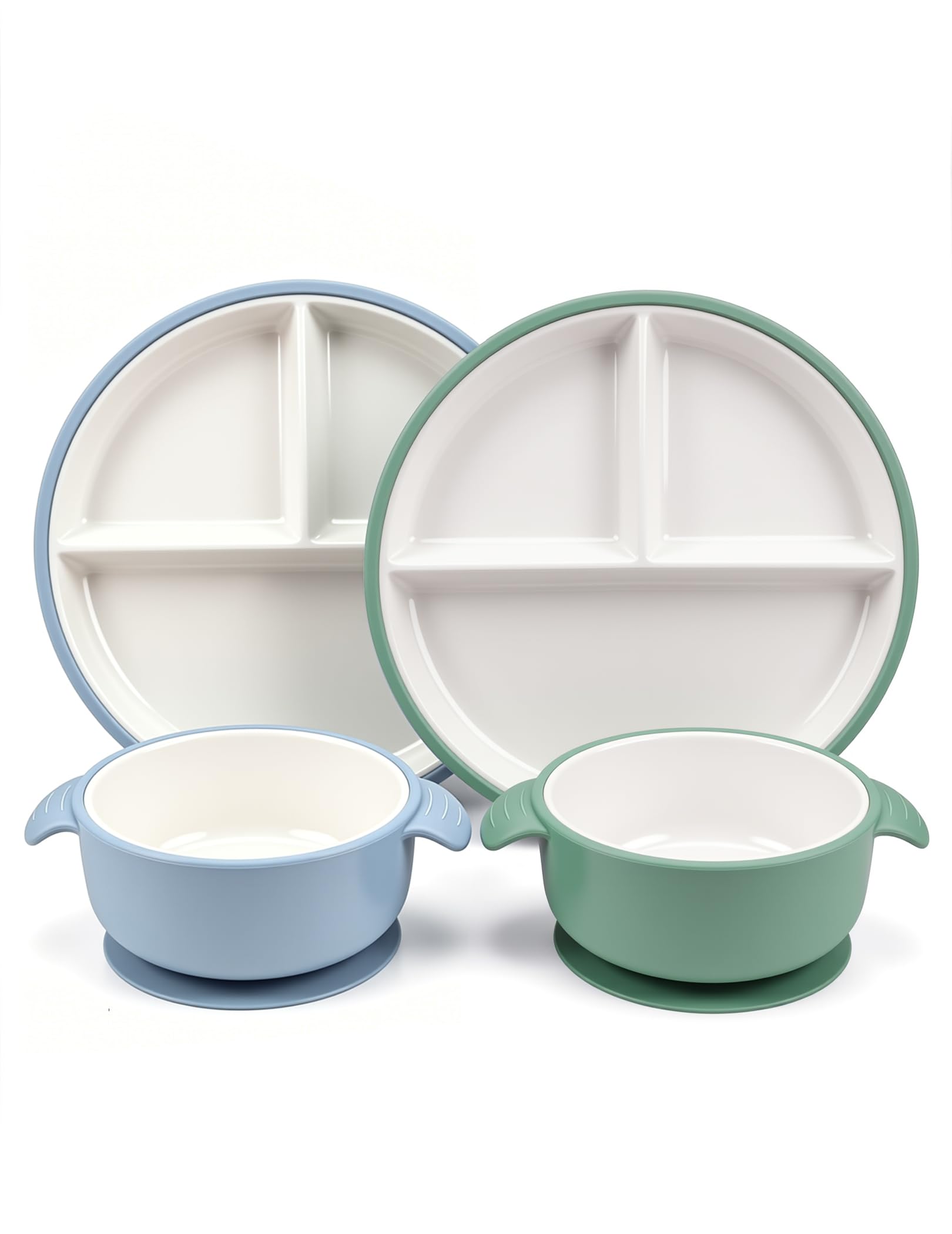 YIHURKIS Porcelain Suction Toddler Plates & Bowls Set with Silicone Suction Sleeves, BPA-Free, Microwave & Dishwasher Safe for Babies Toddlers (Blue, Green)