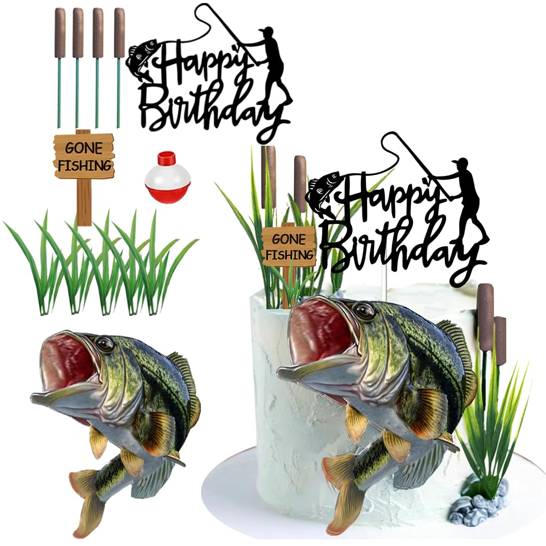 Photo 1 of Gone Fishing Cake Topper with Largemouth Bass Sign for Fishing Theme Cake