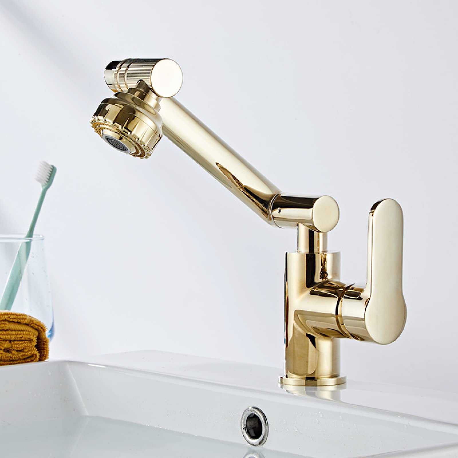 Grifo giratorio dorado lavabo sobre encimera de baño lavabo lavado cabello sin manguera