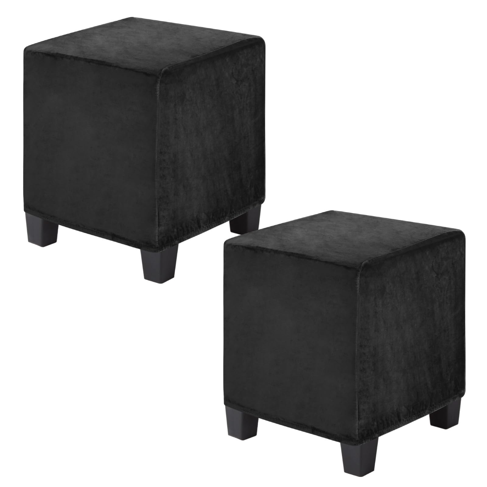 M METERXITY 2-Pack Square Ottoman Cover, (15-18) x(13-18) x(13-18) Inch Stretchable Velvet Fabric Ottoman Slipcover Footstool Foot Rest Protector with Elastic Bottom[Black]