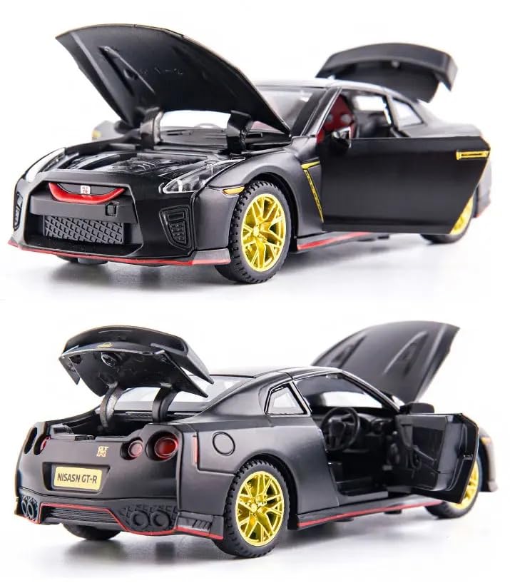 Image of Alokik 1:32 Scale Nissan GT-R35 Sports Diecast Car Models Toys Metal Alloy 2 Openable Door and Sound & Light, Pull Back Toys Gifts for Boys Best Gift Car (Black)