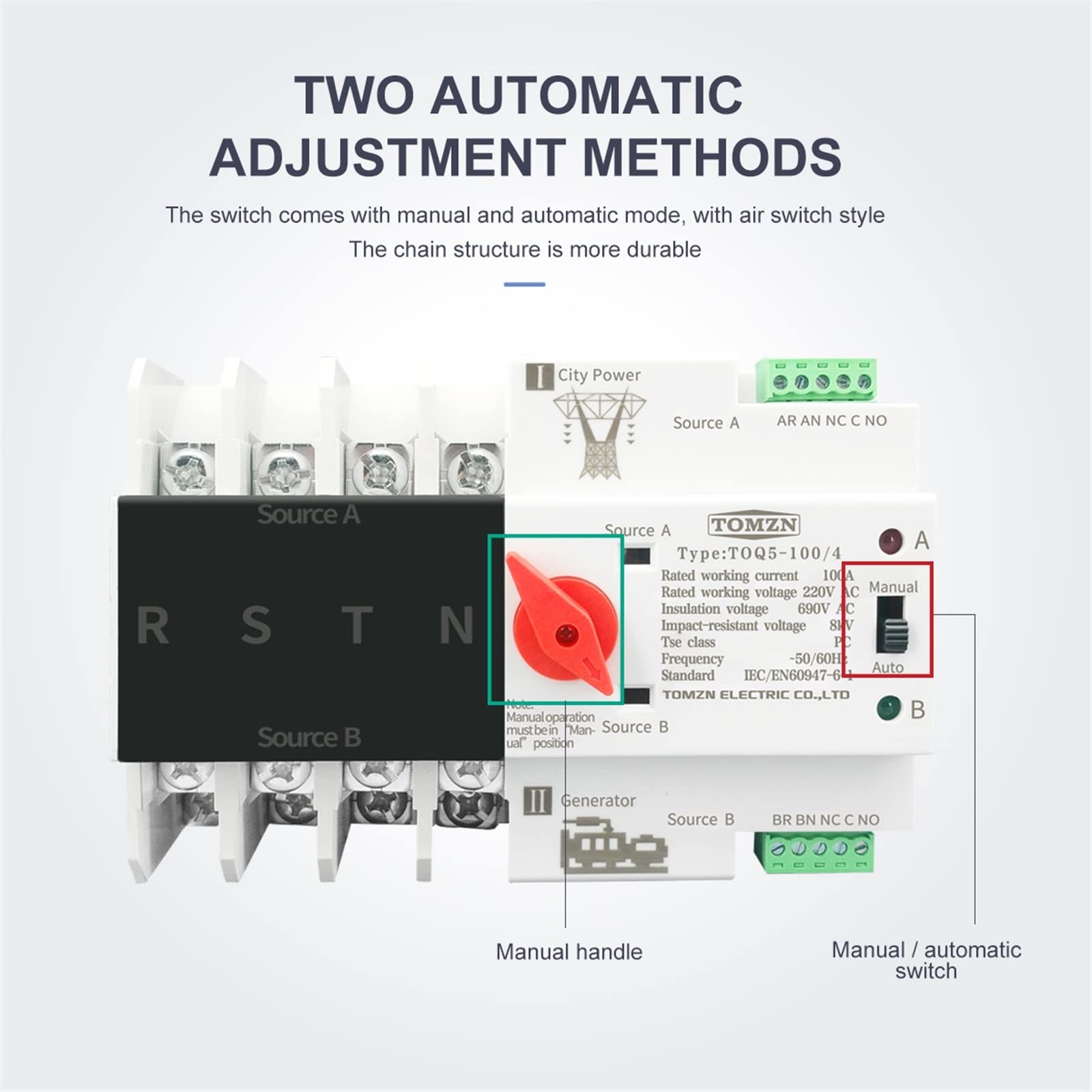 1 sztuka 3-fazowa szyna DIN ATS Dual-Power-Automatic Transfer Switch, elektryczny przełącznik wyboru, 4 P 63 A, 100 A, 125 A (125 A, 220 V)
