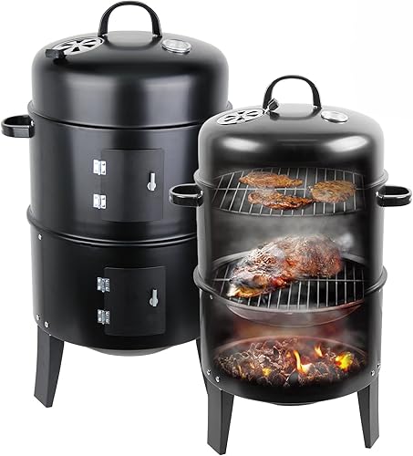 Parrilla ahumadora de carbón de acero multicapa de 18 pulgadas, 3 en 1, vertical, resistente, redonda, con termómetro integrado y sistema de