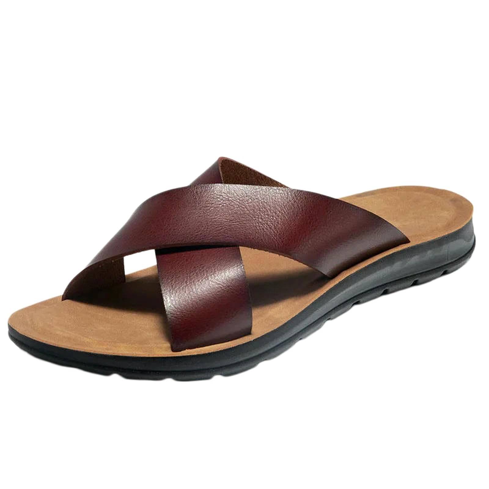 Ciabatte Uomo Infradito Slip-on da in Vera Pelle Italiana, Sandali Spiaggia Estivi Leggeri, Taglie Disponibili, Taglia più Grande -Rosso Marrone-39