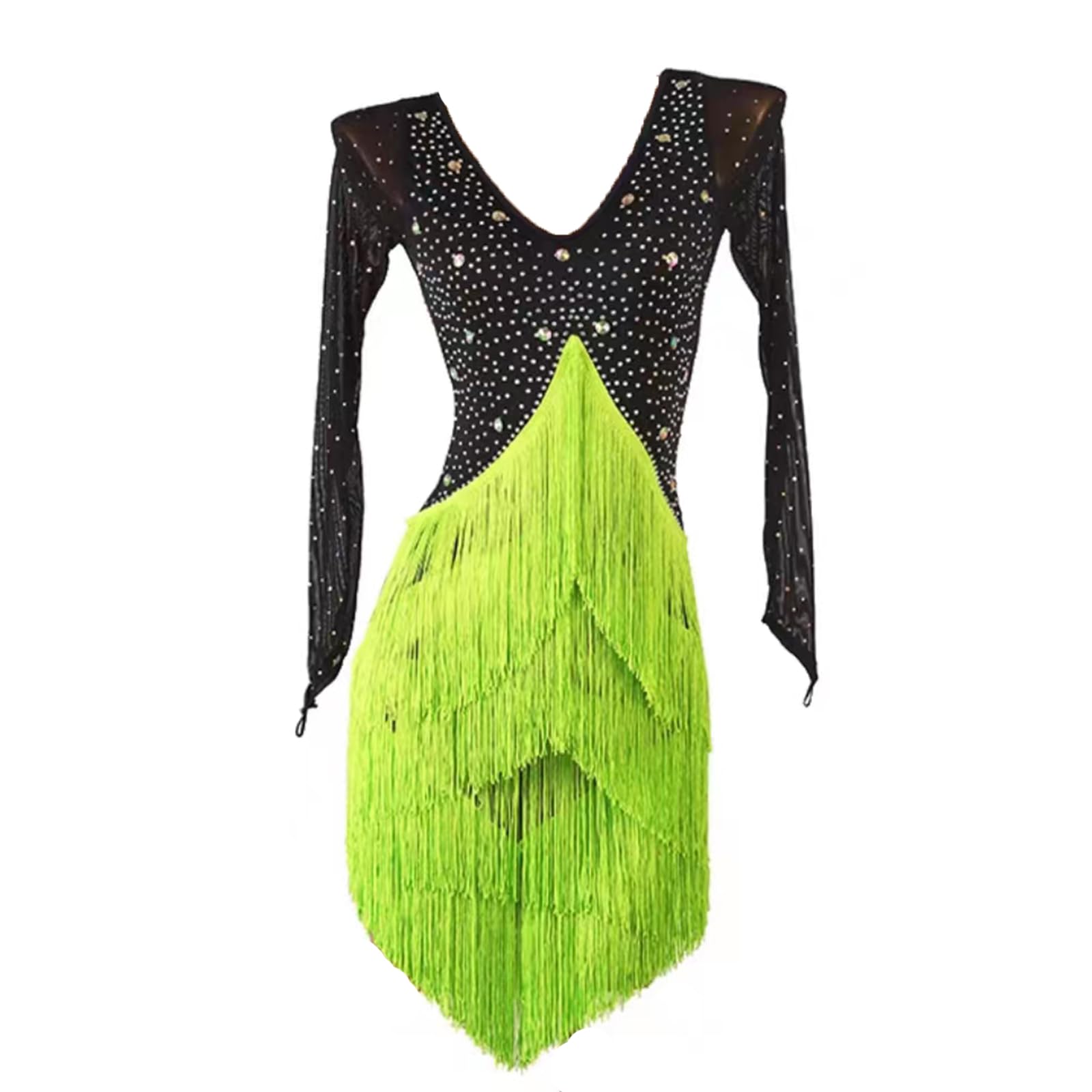 Abiti latini professionali per le donne Sala da ballo Costume da performance Fringe Cha Cha Salsa Concorso Dancewear, Nero e verde., S
