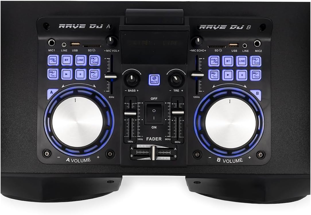 Top-down view of the Select Sound Rave DJ speaker's control panel