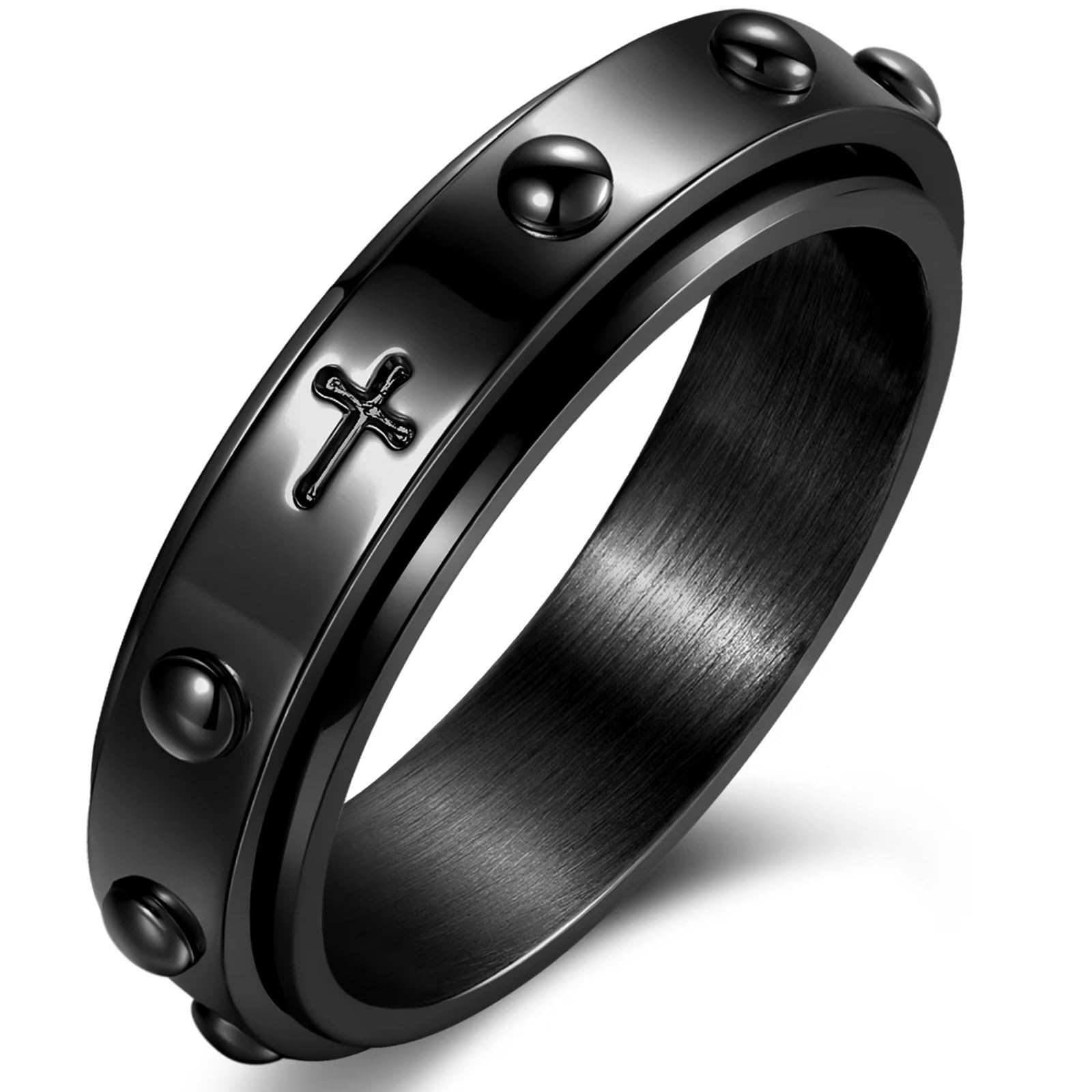 6mm Spinner Ring for Anxiety Relief Fidget with Rosary Beads Cross Lord Prayer Silver/Black/Gold/Rose Gold Stainless Steel Ring-image-45