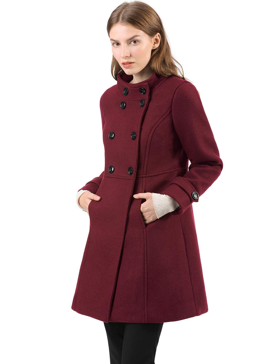 Allegra K Women's Stand Collar Double Breasted Slant Pockets Trendy Outwear Winter Coat