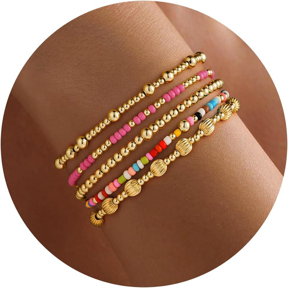 Turandoss Gold Beaded Bracelets for Women Girls Valentine Gifts - Dainty 14K Gold Plated Turquoise Cross Bead Bracelet Pearl Bracelets Set for Women Heishi Clay Beaded Bracelet Valentine Gifts for Her