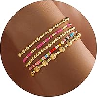 Turandoss 14K Gold Plated Beaded Bracelets for Women - 5PCS Stackable Stretch Turquoise Cross Pearl Heishi Clay Set, Dainty Jewelry Gifts