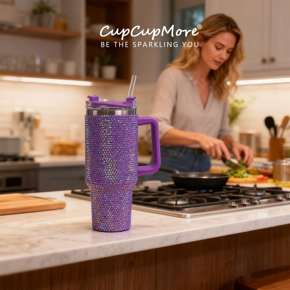 40 oz Purple Bling Rhinestone Stainless Steel Sippy Tumbler Glitter Vacuum Insulated Water Bottle with Straw & Lid &Handle,Sparkle Car Cup Holder,Keeps Cold 12 Hours Drinks,Coffee - Image 9