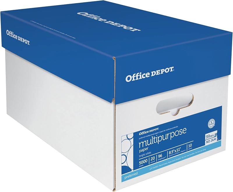 Office Depot® Multi-Use Printer & Copy Paper, 10 Reams, White, Letter (8.5" x 11"), 5000 Sheets Per Case, 20 Lb, 96 Brig