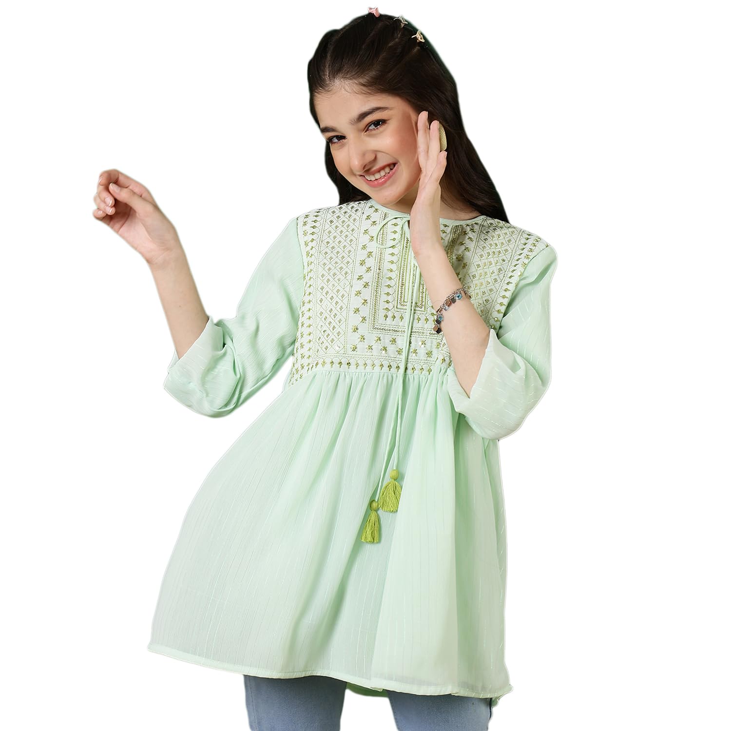 ishti Girls Floral Sequins Embroidered 3/4 Sleeves with Neck Tie-Up Top|Regular Fit| Tie-Up Neck |Casual Top|Summer|Embroidered|Solid Color top-picture-55