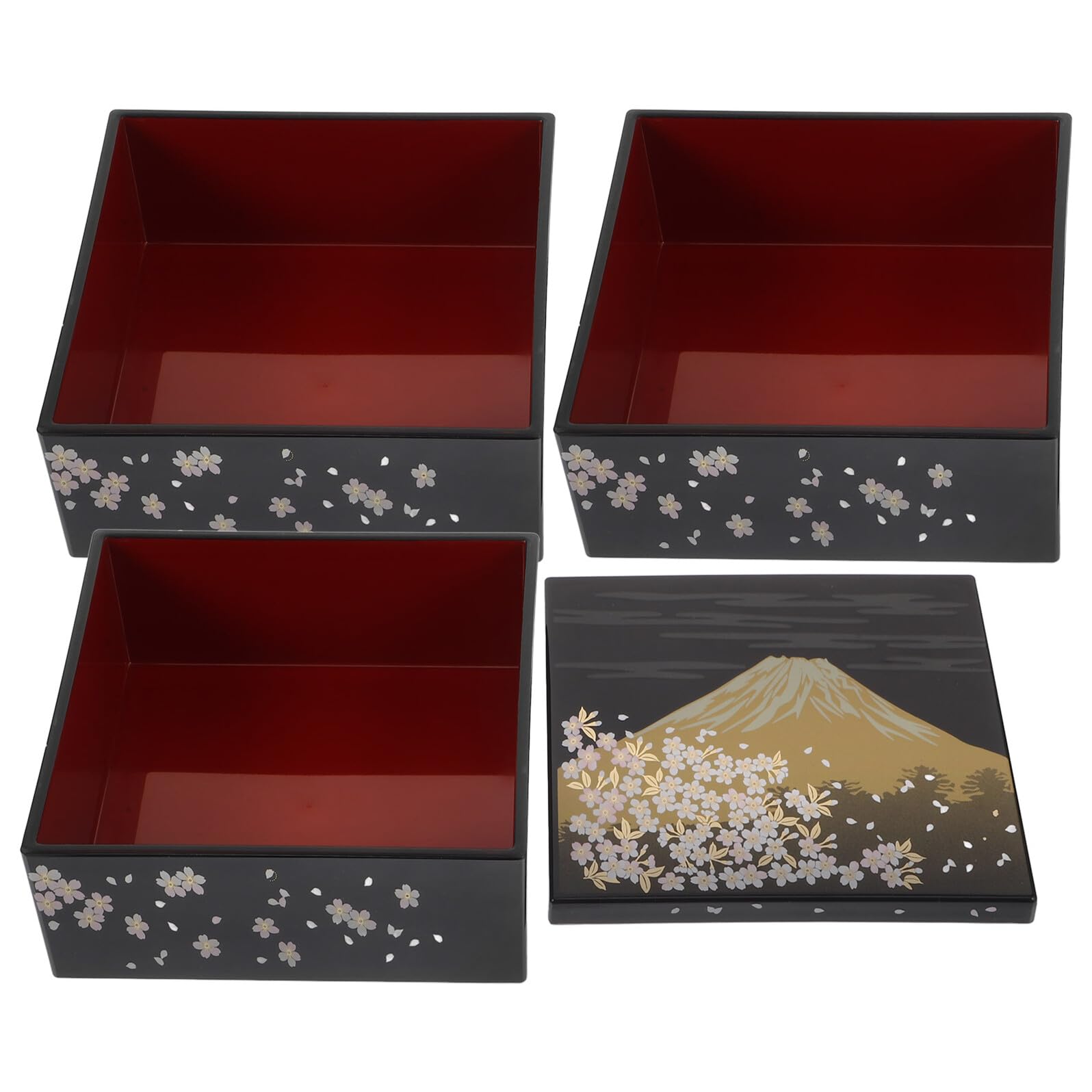 Scatola per Sushi Giapponese Motivo Monte Fuji Nero in Plastica, 3 Strati Multifunzionale per Conservare Sushi e Dolci, per Riunioni di Famiglia