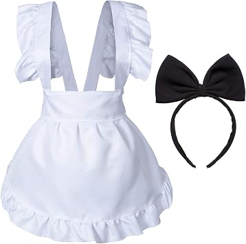 Wannsee Fancy Cute White Retro Frilly Adorable Maid Waitress Aprons Vintage Costume Bow Headdress SetAdjustable Bow