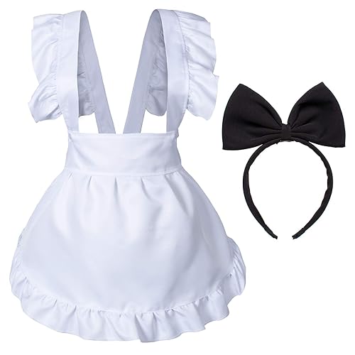 Wannsee Fancy Cute White Retro Frilly Adorable Maid Waitress Aprons Vintage Costume Bow Headdress Set(Adjustable Bow) - Style2 Bow - One Size