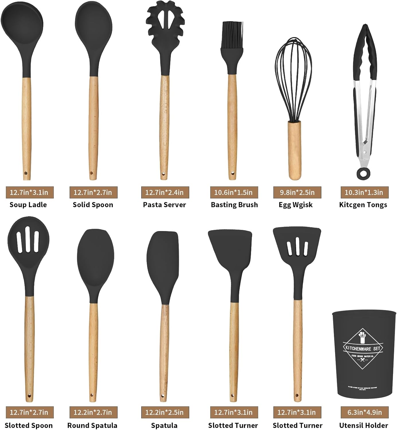 12 Pcs Silicone Cooking Utensils Set Kitchenware Set Kitchen Tool Set Kitchen Utensils for Cooking Wooden Handle Gadgets with Holder for Nonstick Cookware