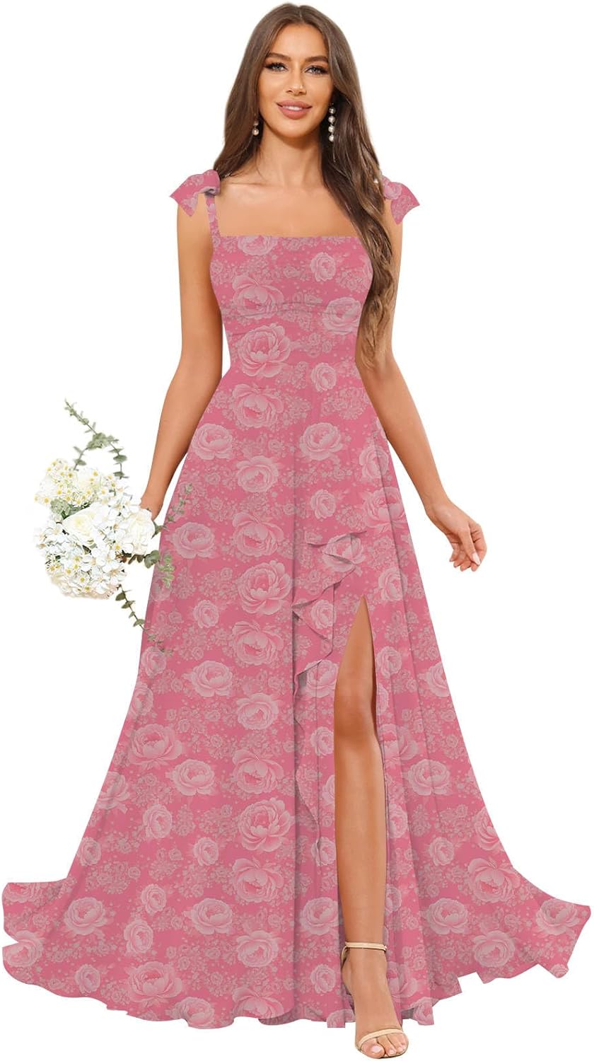 GUKARLEED Women’s Long Bridesmaid Dresses Ruffles Floral Chiffon Scoop Neck A-line Wedding Guest Formal Dress with Pockets