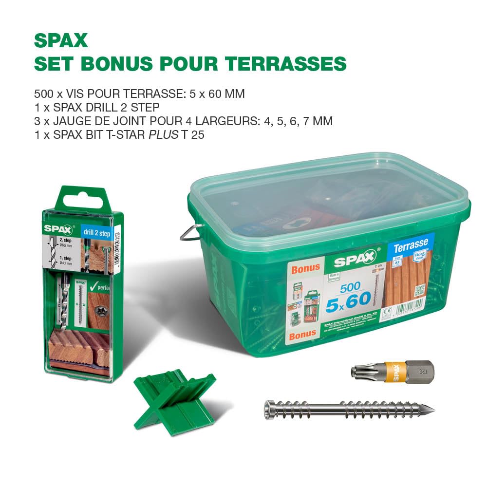 SPAX Équipement de base pour la construction de terrasse, kit de montage – Taille env. 10 m², vis de terrasse en acier inoxydable A2, entretoise, embouts, tapes, tampons et mètre ruban – 500009100039