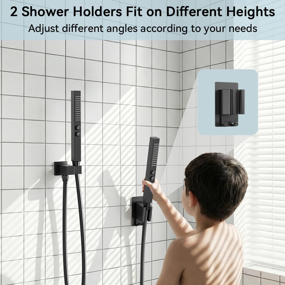 Shower Faucet Sets Matte Black Rainfall Shower System, 5 Function Diverter with 12'' Ceiling & 6'' Wall Mount Dual Shower Head, 2-in-1 Handheld Spray Gun, Pressure Balancing Valve Shower Set