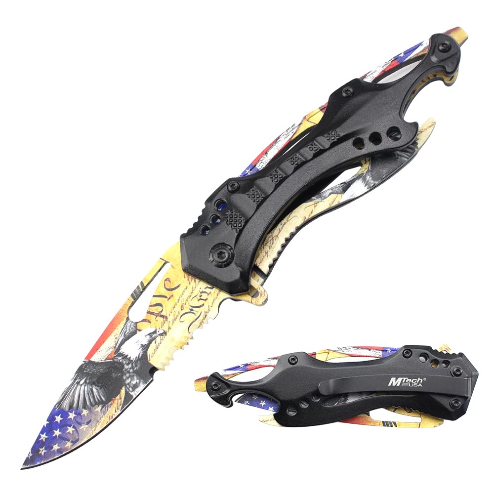 MTECH USA Folding Knife, 3.75-Inch Half-Serrated Blade, Titanium Coating, Glass Breaker, Pocket Clip