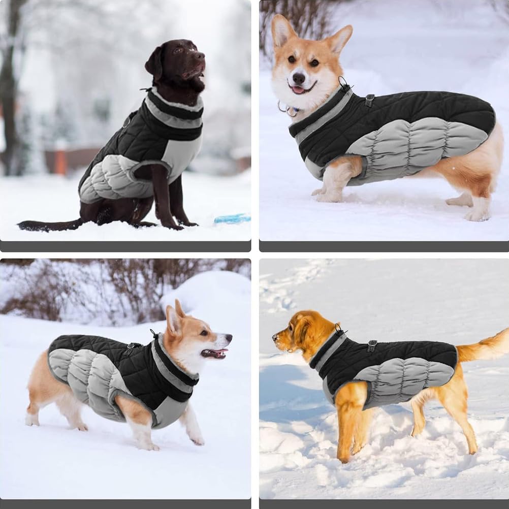 Warmer Wintermantel Für Hunde, Hundemäntel Für Kleine Hunde, Wasserdicht Im Winter, Mit Fleece Gefütterte Reflektierende Hundejacke, Warmer Haustiermantel Mit Integriertem Geschirr,Schwarz,L