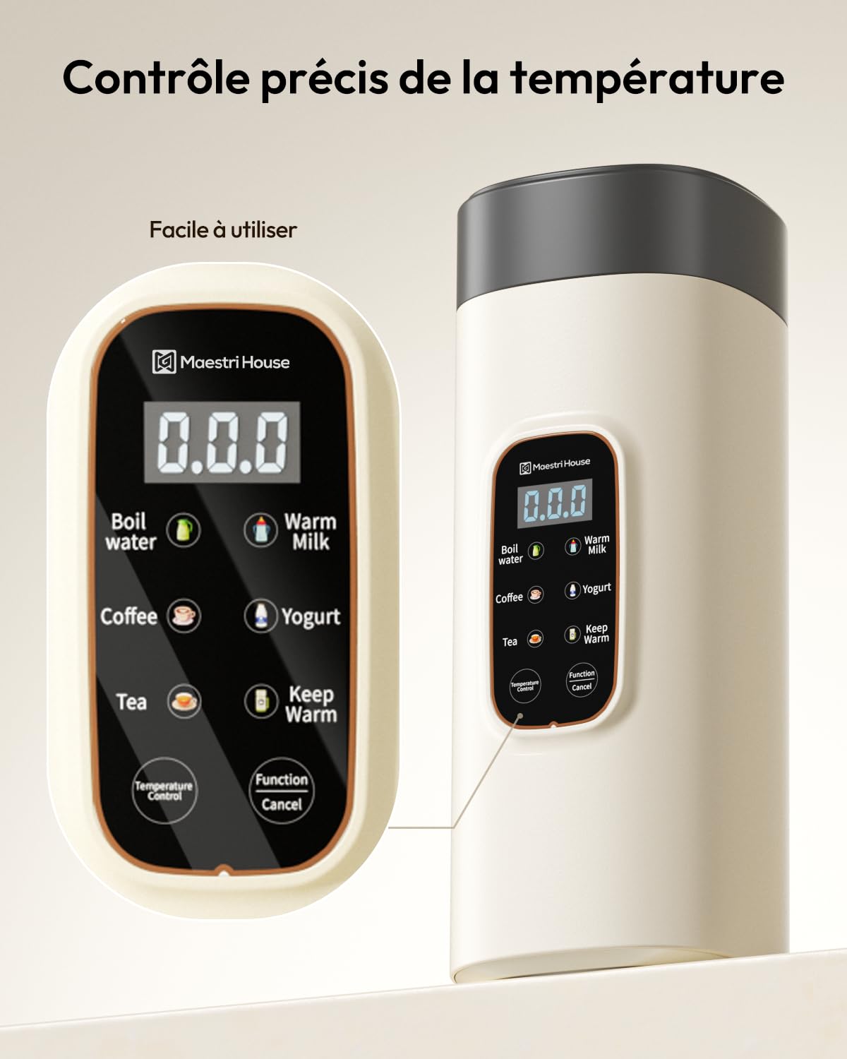 Maestri House Petite bouilloire de voyage 6 en 1, 550 ml, beige, chauffage rapide, doublure intérieure en acier inoxydable 304, pour thé, café et lait de bébé, utilisation filaire