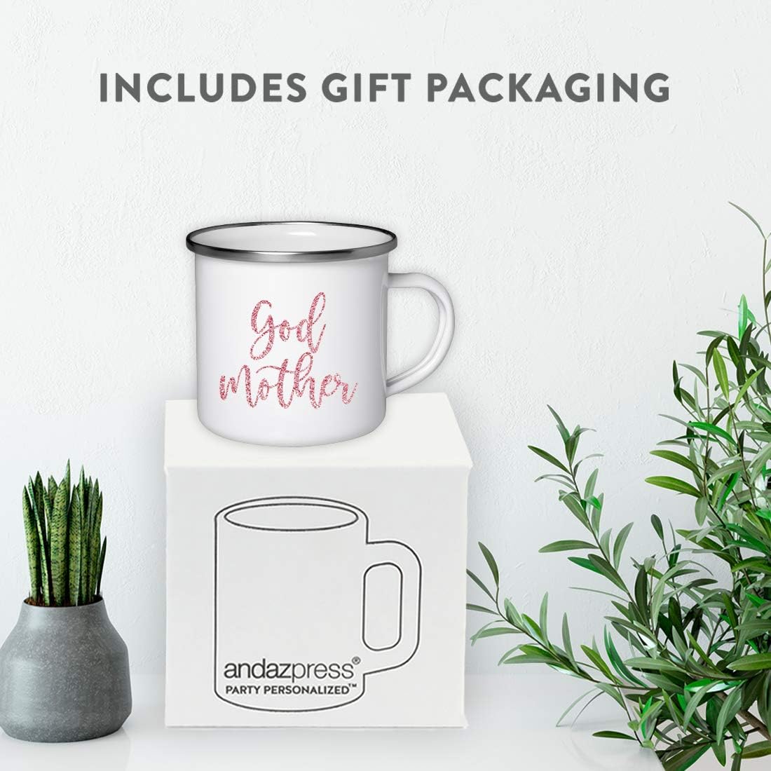 Andaz Press 11oz. Stainless Steel Faux Pink Glitter Campfire Coffee Mug Gift, Godmother, 1-Pack, Enamel Camping Girly Mother's Day Birthday Christmas Easter Thank You Present Ideas