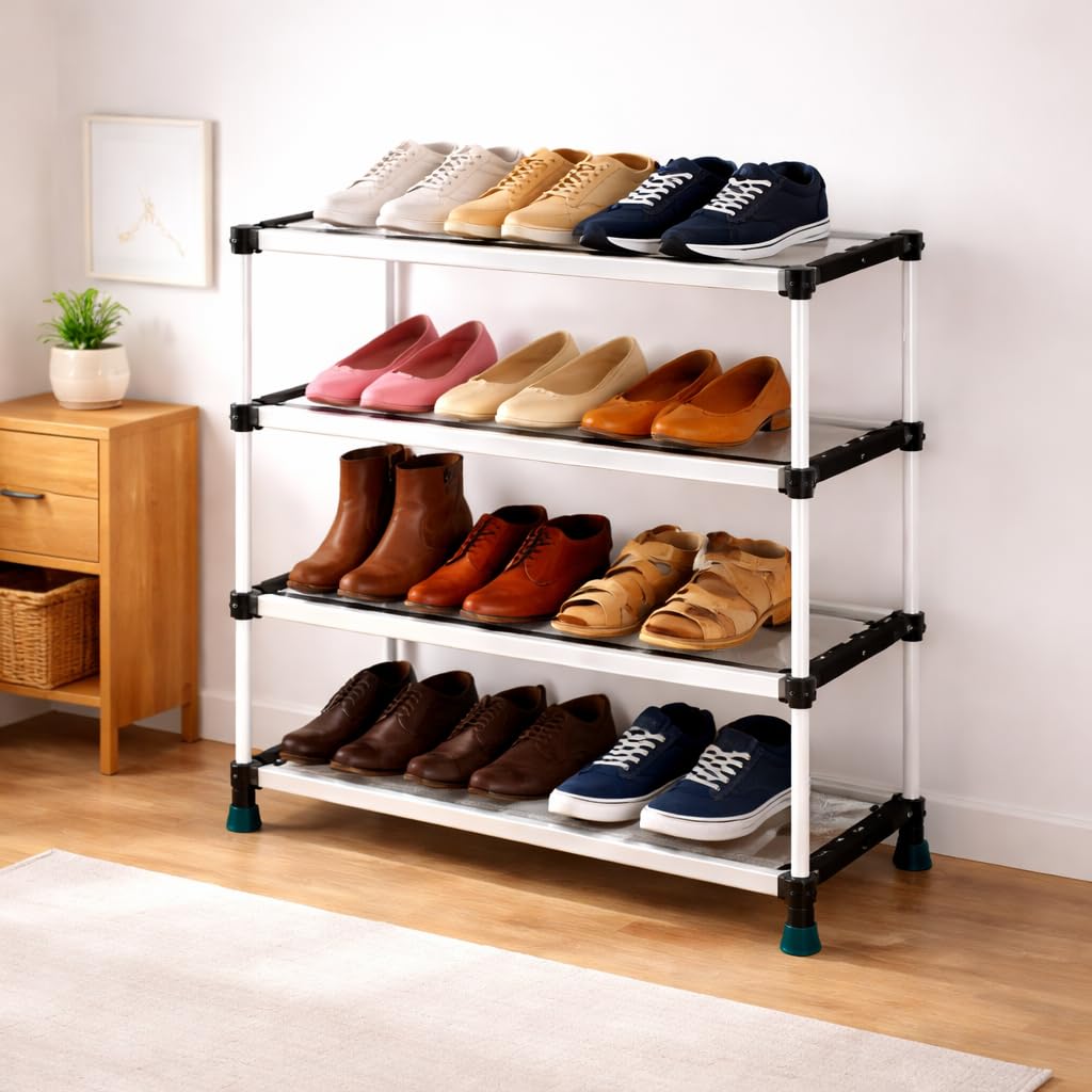 4 Tier Plastic Shoe Rack for Home, Stackable Shoe Organizer Shelf Stand, Space Saving Footwear Storage Rack for Bedroom, Closet & Entryway, White (4)-image-48