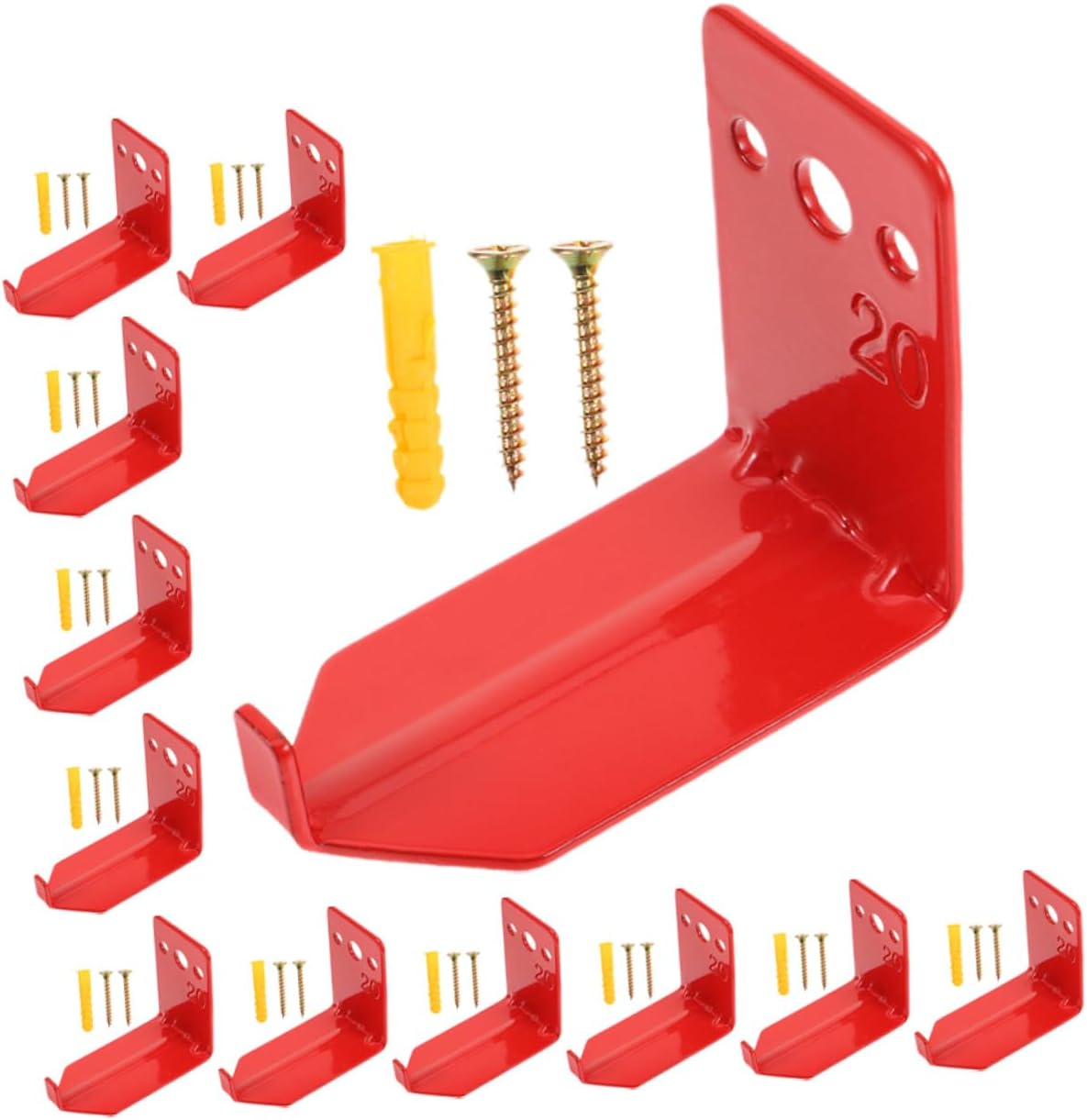Cabilock 12pcs Metal Fire Extinguisher Wall Hook Brackets for Dry Chemical Extinguishers to 20 Lbs, Red Numbered Wall Mount Holder with Screws for Industrial and Facility Safety