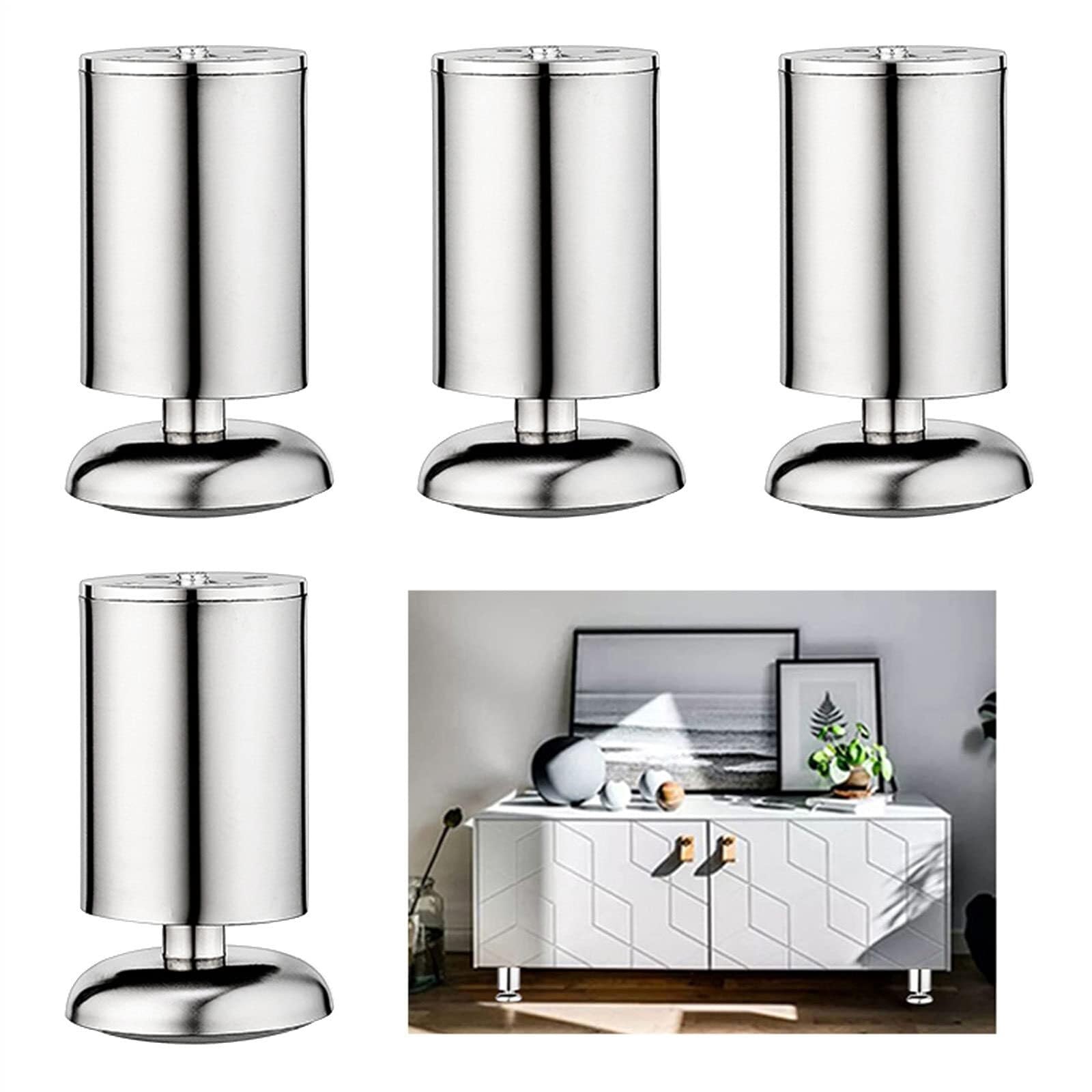UYHBCNQD 4Pcs Furniture Legs Round Replacement Legs Set Desk Support Legs Steel Furniture Foot Adjustable Cabinet Feets Coffee Legs(Silver,8cm/3.15in)