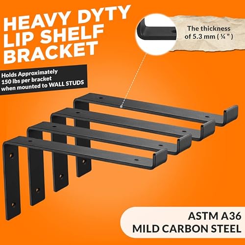 Batoda Shelf Brackets 12 Inch With Lip For Diy Floating Shelf - L Shelf Bracket Black - Heavy Duty Hook Brackets For Shelves - Wall Mounted Support With Lip For Diy Open Shelving (12 Inch) #TOP2