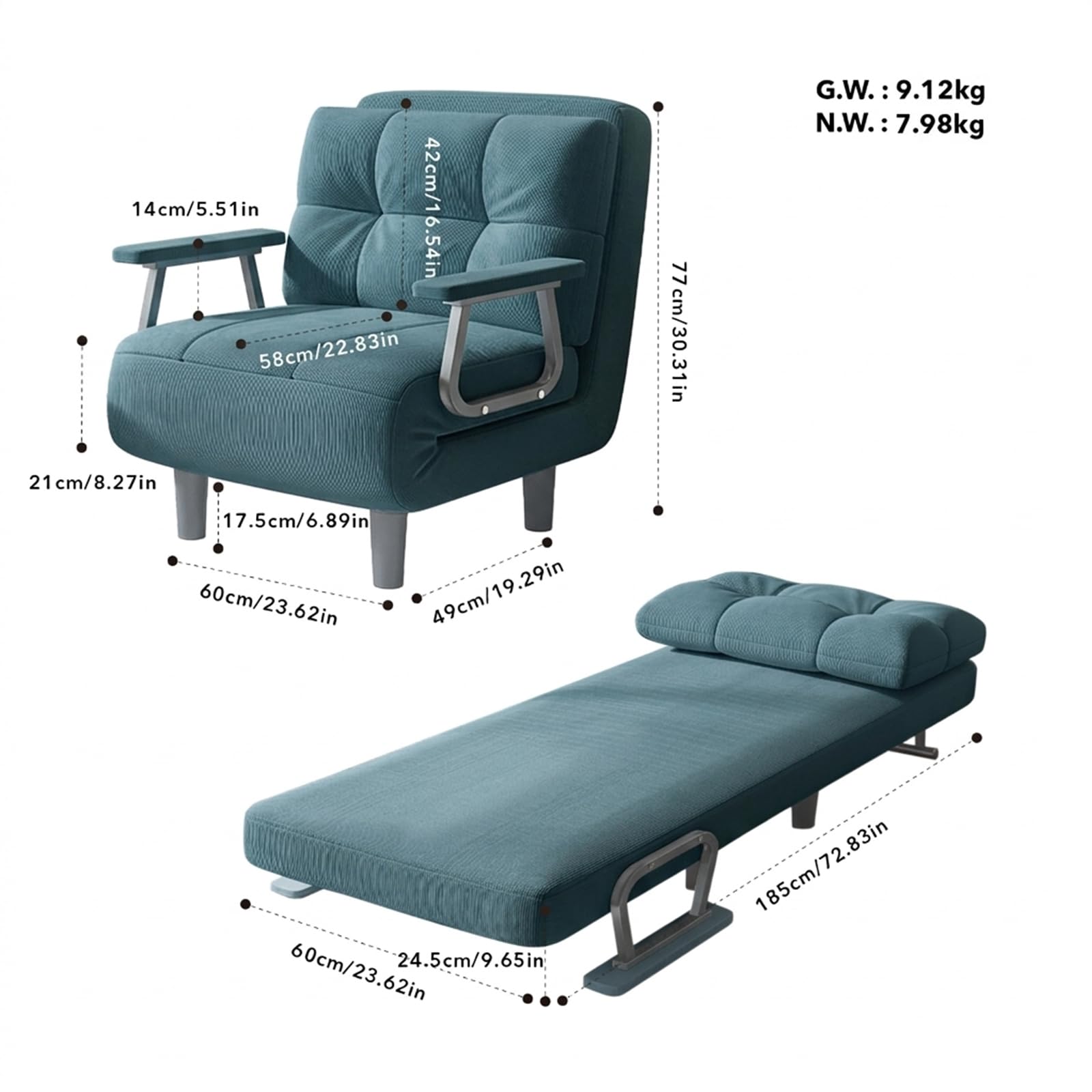 Fabulcozy Fauteuil Convertible 1 Place - Canapé Chauffeuse Lit 4 en 1, Canapé-lit Convertible Dossier Réglable 5 Positions avec Coussin 60x58x77cm