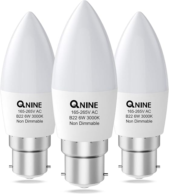 QNINE Warm White LED Candle Bulb Bayonet, 6W (60W Equivalent), 550lm, B22 Light Bulb, 3000K, Non-Dimmable, 3 Pack