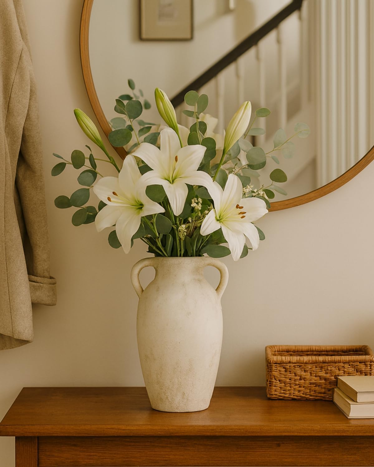 Ceramic Flower Vase Home Decor – 9.8 Inch Pottery Rustic Farmhouse Decorative Vase with Handles for Table Centerpiece, Shelf & Mantel, Beige