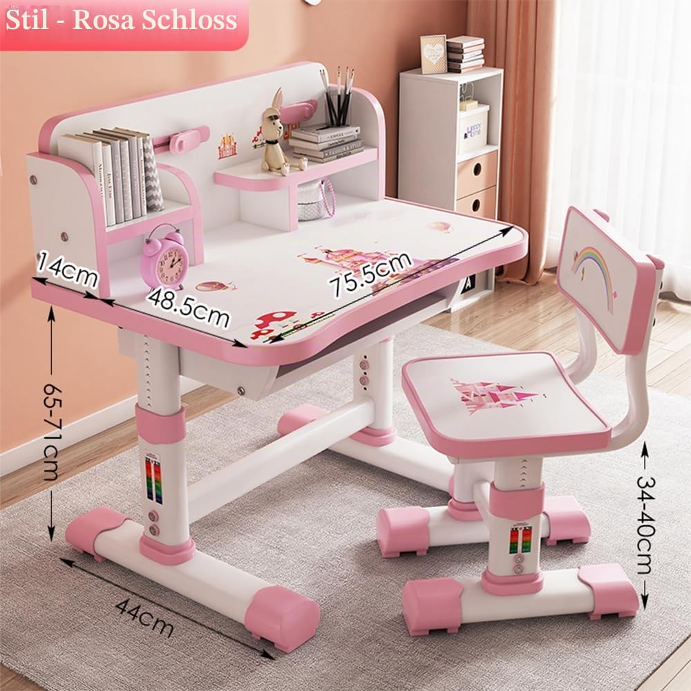 Kinder-Schreibtisch- und Stuhl-Set, höhenverstellbar, Cartoon-Muster, Lerntisch mit Schublade und Buchständer, ergonomischer Schüler-Schreibtisch