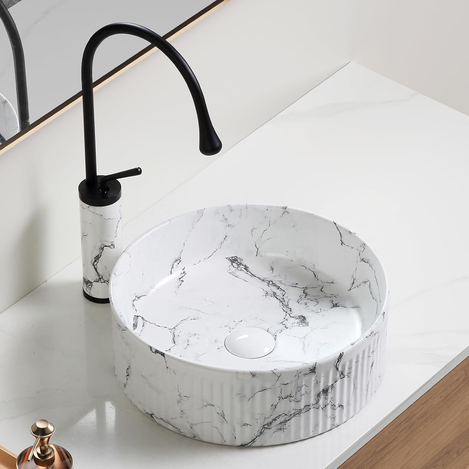 Round Vessel Sink with Faucet & Drain – Black White Marble Ceramic Above Counter Sink, Easy Install & Splash Resistant, Complete Vanity Set for Small Bathroom, RV, Guest Bath