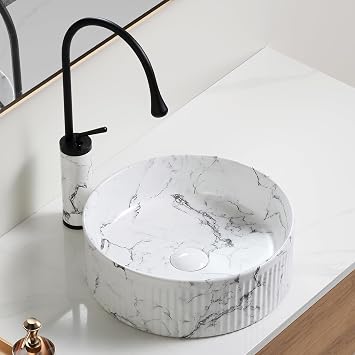 14.5" Black & White Marble Round Vessel Sink Set, Above Counter Porcelain Ceramic Art Basin for Bathroom Vanity, Includes Faucet & Drain, High Gloss Finish Round