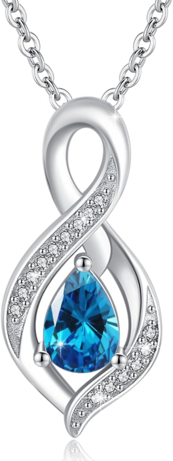 Infinity Birthstone Necklace for Women - 925 Sterling Silver Teardrop Pendant with Genuine Birthstone, Personalized Birthday Gift Jewelry for Her, Mom, Wife, Valentine's Day.18+ 2 "Extender