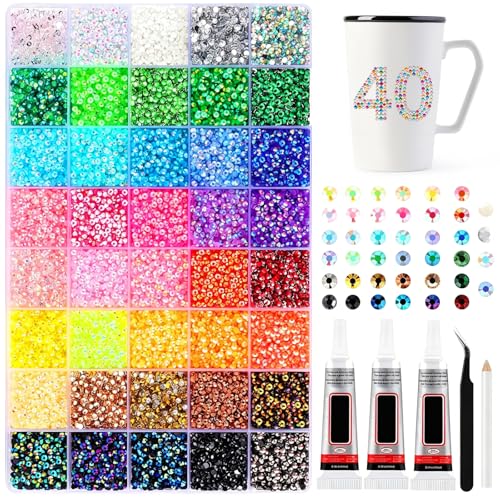 32000 unidades de estrás de 40 colores, kit de Bedazzler con pegamento, autoadhesivo, kit de bedazzling para manualidades, uñas, textiles, pintura de diamantes, colgantes de uñas