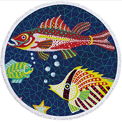 AZZXZONa Toalla De Playa Microfibra Redonda Pez Pintado Toalla De Baño Grande Alfombra De Picnic Alfombra De Yoga Mantón Protector Solar con Borlas Manta De Playa 150X150Cm