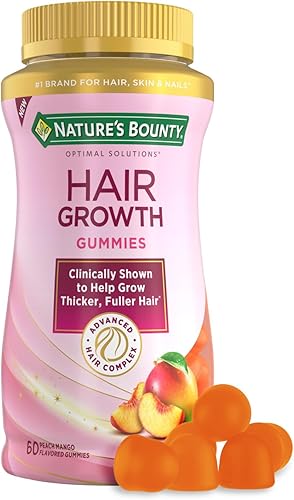 Natures Bounty Hair Growth Gummies for Supporting Thicker, Fuller Hair with Biotin, Silicon & Arginine, Peach Mango Flavor  Gluten Free, Contains No