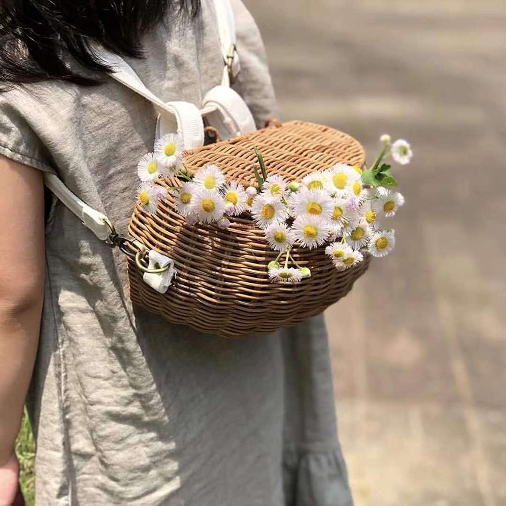 Portable Rattan Basket Shoulder Bag with Long Strap Kids Woven Basket Bag Handwoven Picnic Messenger Photography Props