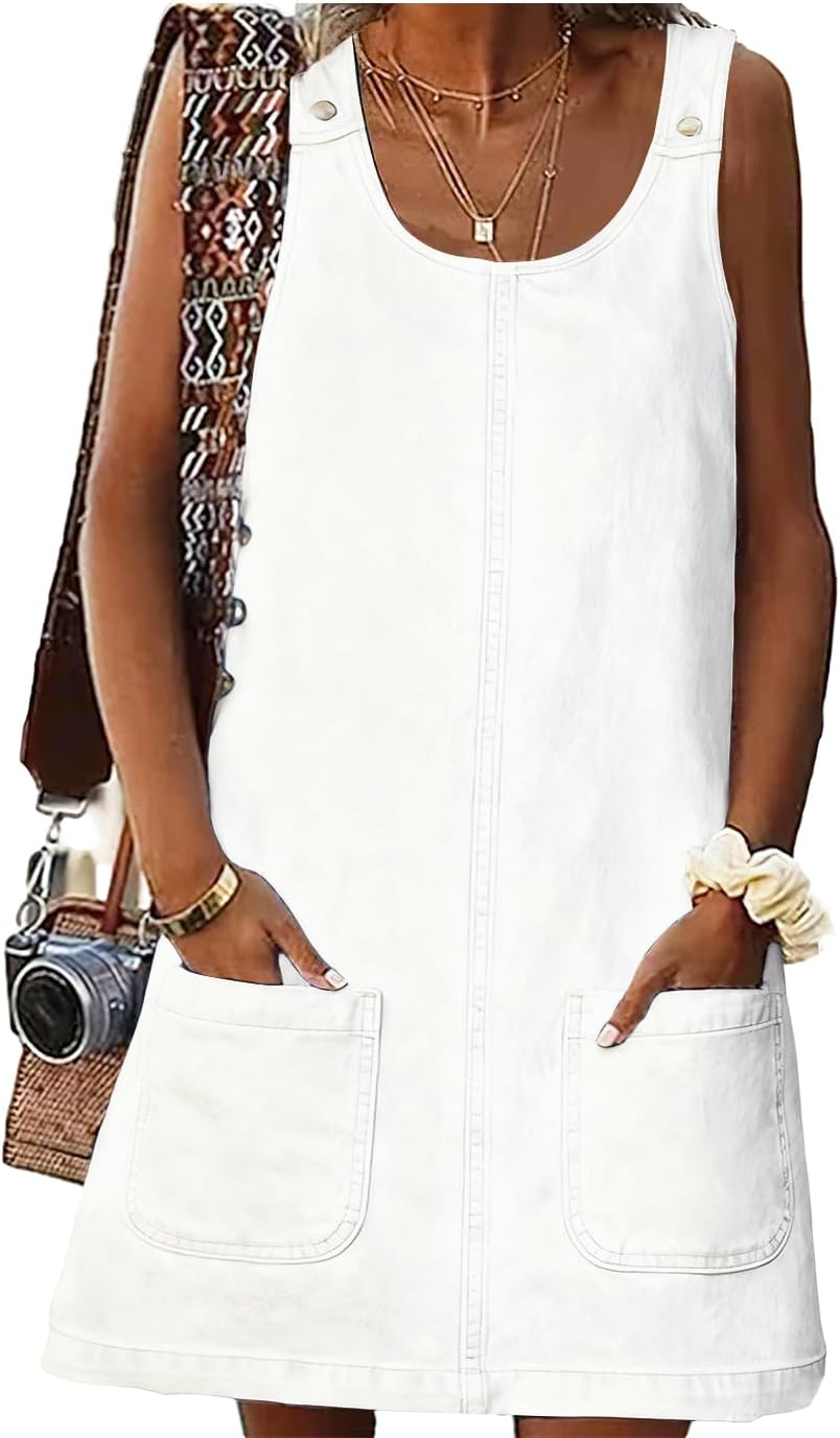 ebossy Women's Vintage Distressed Sleeveless Baggy Loose Denim Mini Dress with Pocket