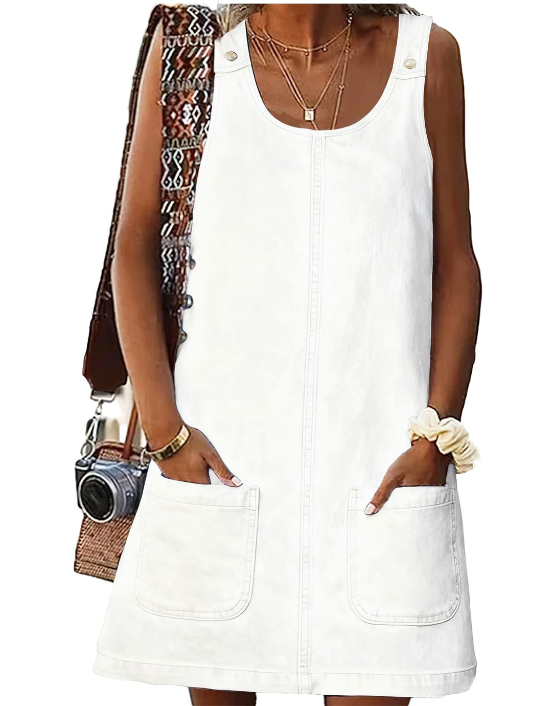 ebossy Women's Vintage Distressed Sleeveless Baggy Loose Denim Mini Dress with Pocket