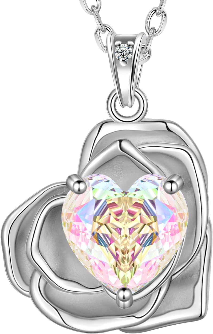 Aurora Tears Birthstone Rose Heart Pendant Necklace - 925 Sterling Silver Rose Cut Cubic Zirconia Love Necklace Anniversary Birthday Jewelry Gift for Women Wife Mom Daughter