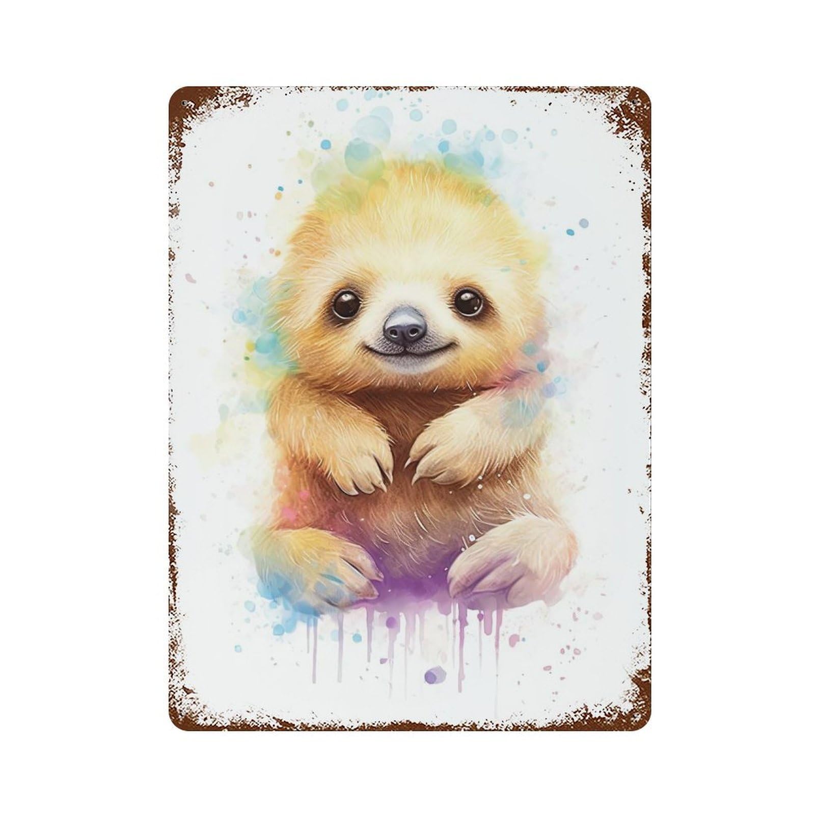Rust Effect Cute Watercolor Baby Sloth Weathered Tin Sign 15.7"x11.8", Farmhouse Wall Decor for Farmhouse, Kitchen And Entryway Decor