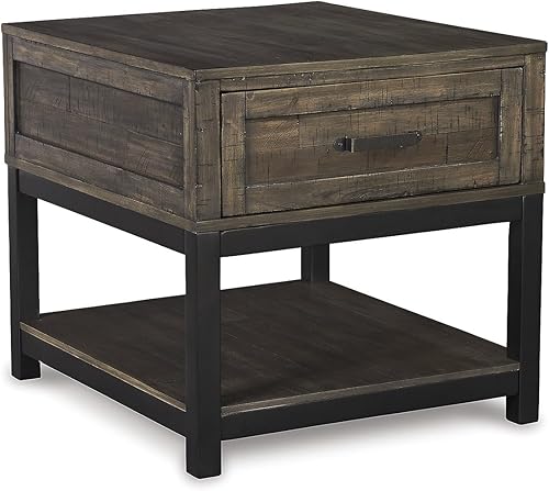 Signature Design by Ashley Johurst - Mesa auxiliar cuadrada rústica, 1 cajón y estante inferior fijo, color marrón rústico